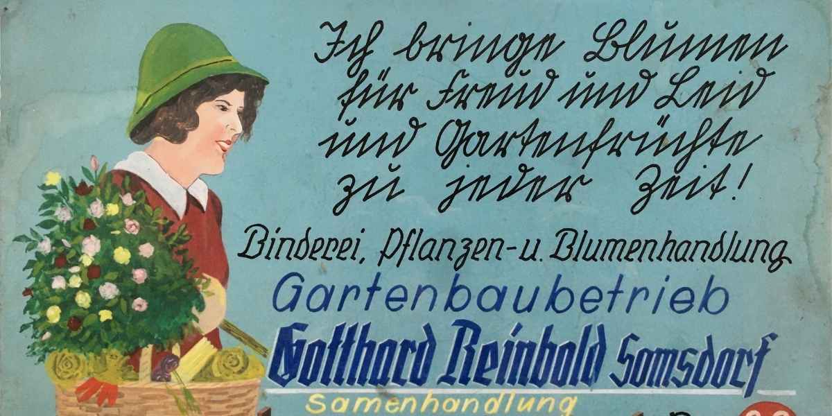 Altes Firmenschild ca. 1925. Gartenbau- und Bindereibetrieb Mathias Reinbold. Blumen aus Dresden.